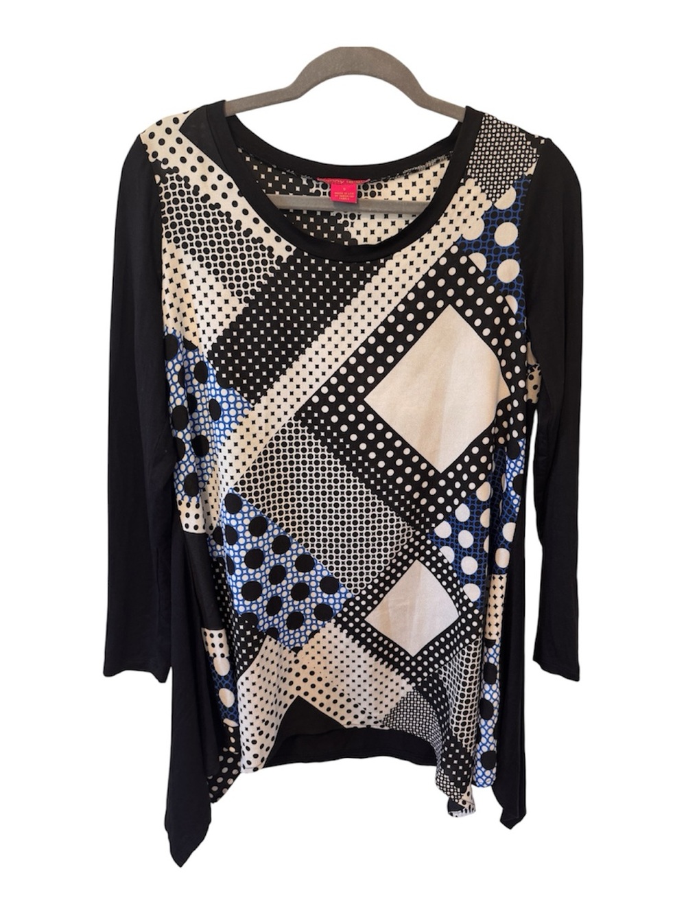 Sunny Leigh Woman’s Sz Small Black Blue Asymmetric Handkerchief Tunic Top